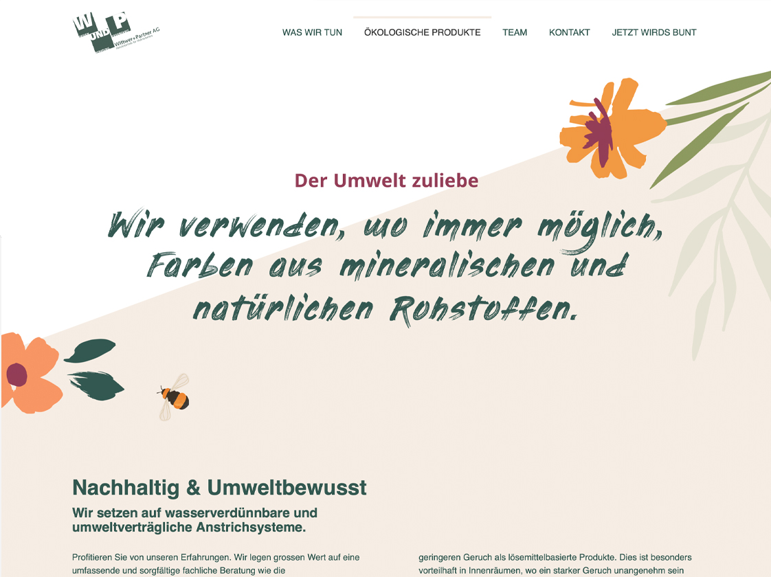 Startseite von Wittwer und Partner mit illustrativen Blumen, Biene und Fokus auf nachhaltige, umweltbewusste Farben aus mineralischen und natürlichen Rohstoffen.
