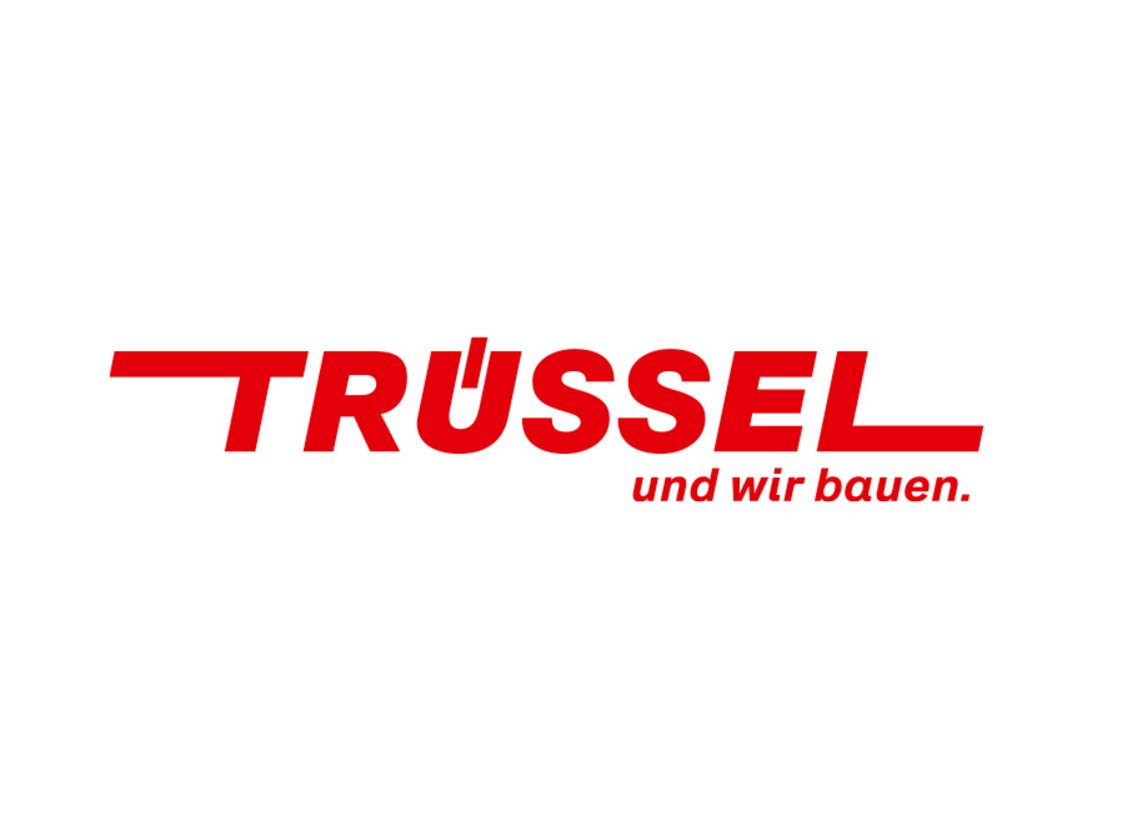 Logo der Trüssel AG Bauunternehmung: rote Wortmarke «TRÜSSEL» mit Zusatz «und wir bauen».